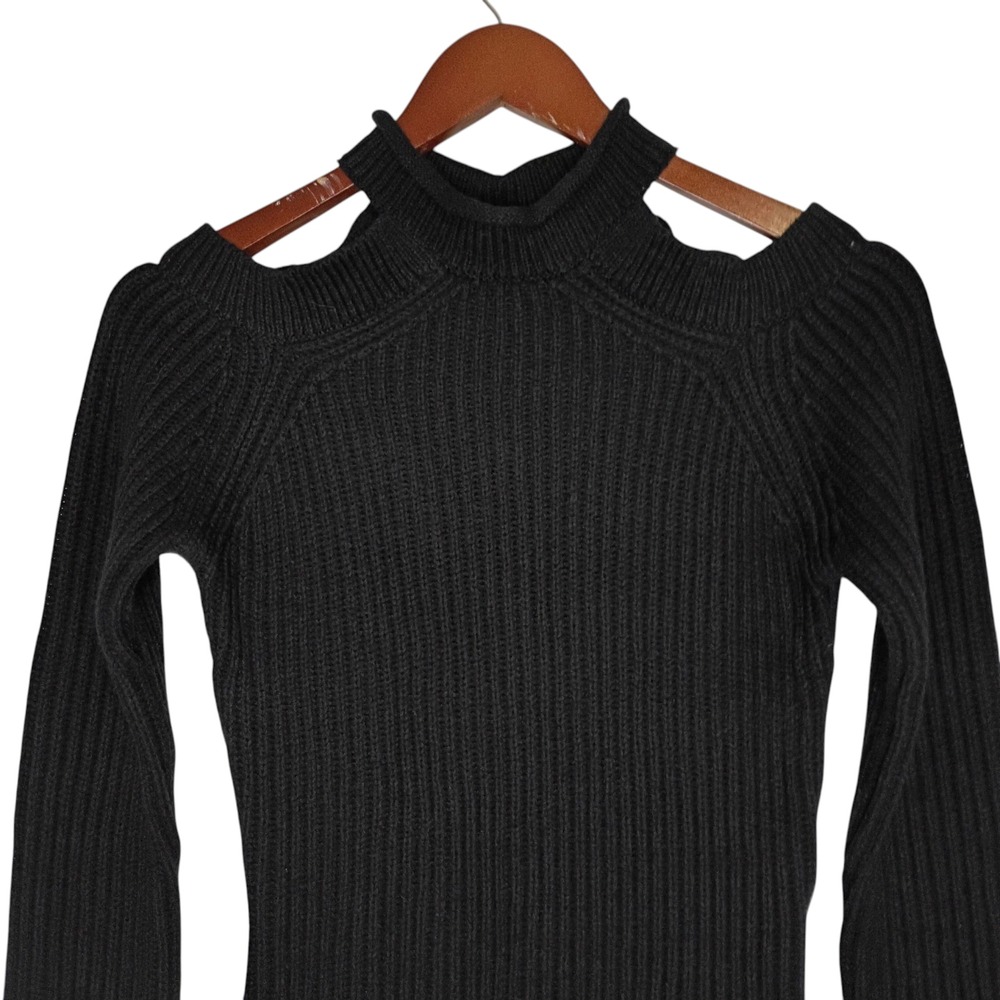 Guess Sweater Womens Small Black Cold Shoulder Ribbed Knit Mock Neck Long Sleeve